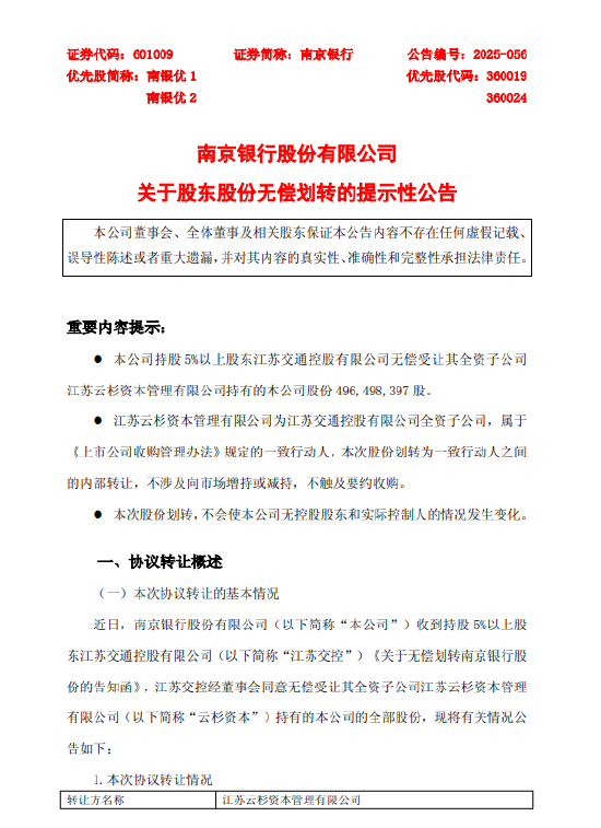 K线猎手 南京银行：江苏交控无偿受让江苏云杉资本持有的南京银行4.96亿股股份